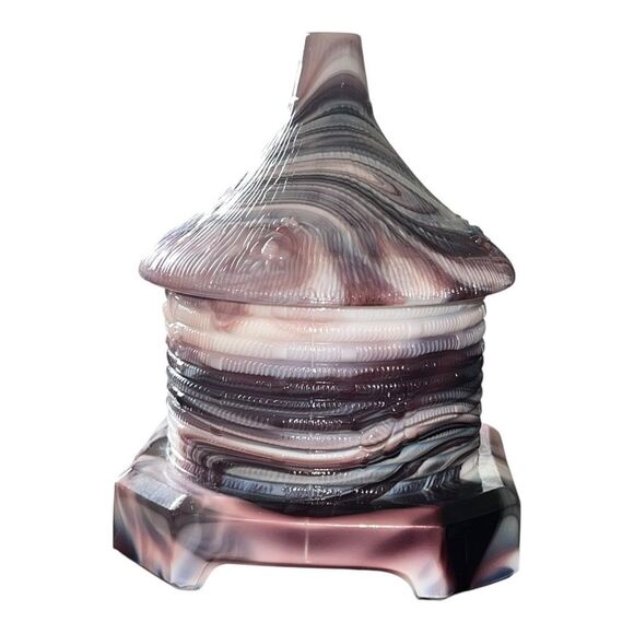 Vintage Purple Slag Malachite Glass Honey Pot w/ Lid Bee Pattern EUC - Picture 4 of 10